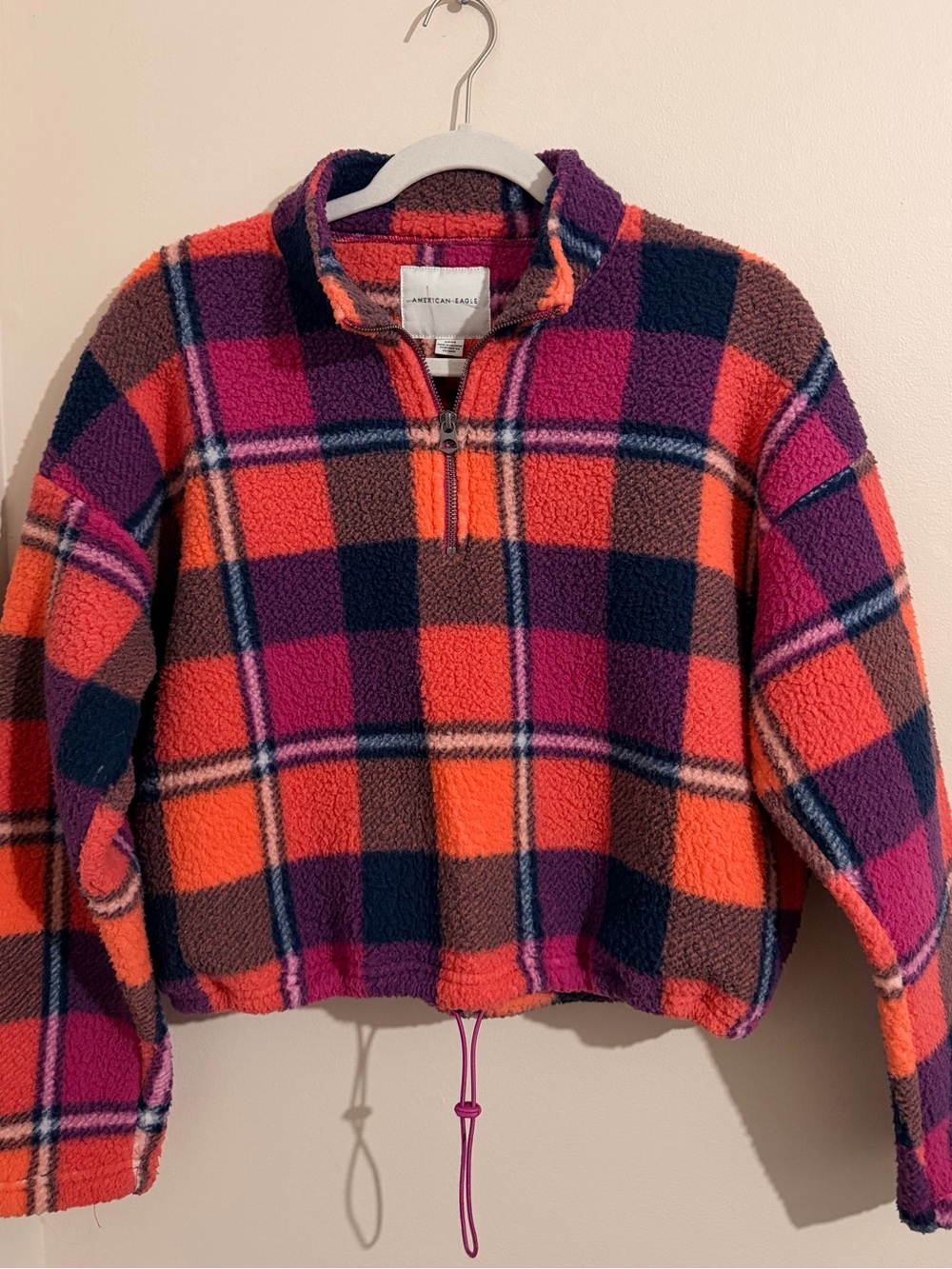 Women’s Pink & Orange Plaid Fleece Pullover Jacket